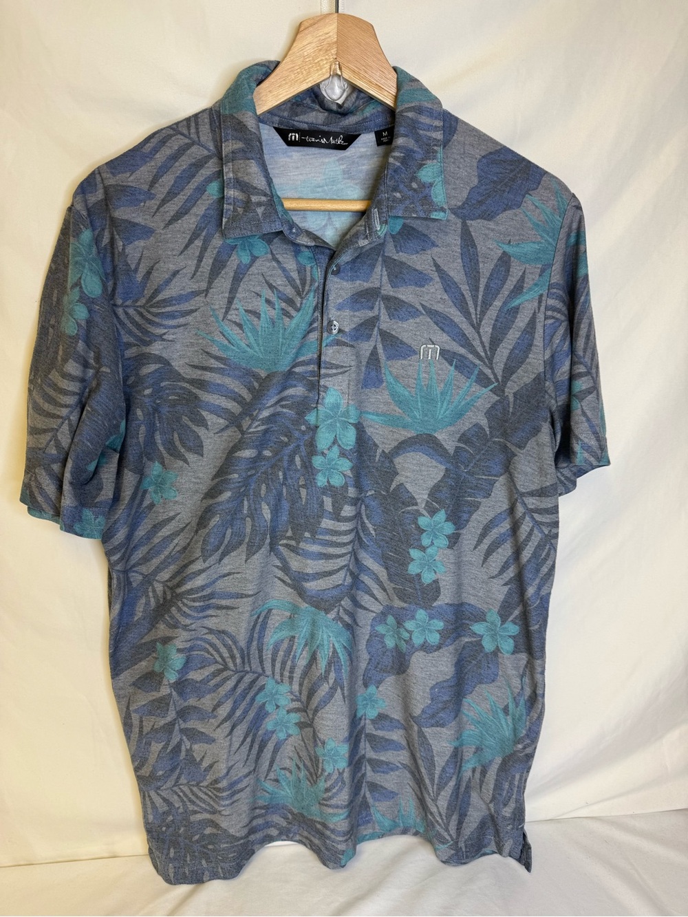 Travis Mathew Teal and Gray Tropical Print Polo